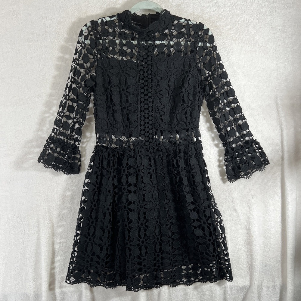 Women's Black Crotchet Lace Flared Sleeve Dress Partially Lined Eilly Bazar - M